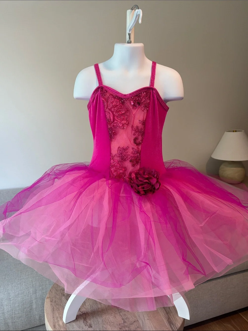 Girls Fuchsia Hot Pink Tulle Tutu Dance Costume Dress with Floral Accent